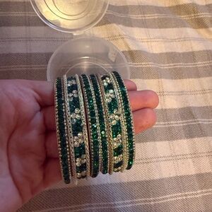 Elegant Green and Silver Bangle Set